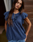 Woven Cotton Linen Button V-Neck Short Sleeve Top