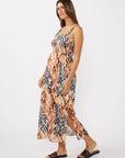 Smocked Ikat Cross Over Back Midi Dress with Slits