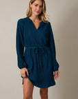 NOTCH NECK LONG SLEEVE WAIST TIE MINI DRESS
