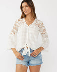 Button Down Crochet Lace Tie Front Top