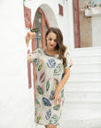 Leaves Short Sleeve Linen Dress