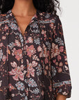 Floral 3/4 Sleeve Tie Neck Button Down Blouse