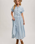 Button Front Short Sleeved Tiered Maxi Dress