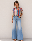 Multi Stripe Tencel Blend Button-Up Blouse