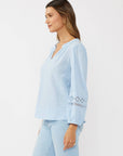 V-Neck Cotton Gauze Blouse with Lace Trim