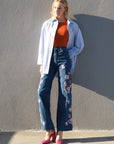 Cherry Blossom Embroidered Wide Leg Denim Jeans - High Waist