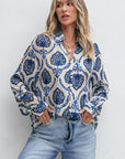 Blue Tribal Pattern Buttoned Front Loose Shirt