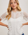 Mock Neck Button Back Lace Top