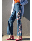 Cherry Blossom Embroidered Wide Leg Denim Jeans - High Waist