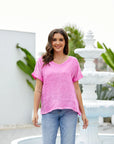 Breezy V-Neck Linen Tee Fuchia