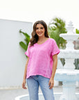 Breezy V-Neck Linen Tee Fuchia