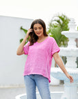 Breezy V-Neck Linen Tee Fuchia