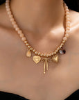 Beige Beaded Bow Heart Rhinestone Charm Necklace