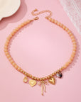 Beige Beaded Bow Heart Rhinestone Charm Necklace