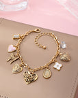 Gold Charm Bracelet With Hearts & Flowers