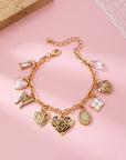 Gold Charm Bracelet With Hearts & Flowers