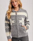 FAIR ISLE FUZZY KNIT FRONT ZIPPER CARDIGAN