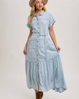 Button Front Short Sleeved Tiered Maxi Dress