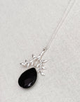 Matte Silver Branch Black Agate Teardrop Pendant Necklace