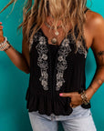 Black Floral Embroidery Ruffled Spaghetti Straps Tank Top