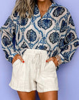 Blue Tribal Pattern Buttoned Front Loose Shirt