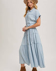Button Front Short Sleeved Tiered Maxi Dress