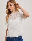 Mock Neck Button Back Lace Top With Lining