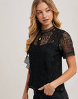 Mock Neck Button Back Lace Top With Lining