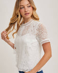 Mock Neck Button Back Lace Top With Lining