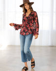 Rose Floral Print Clip Dot Long Sleeve Blouse