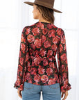 Rose Floral Print Clip Dot Long Sleeve Blouse