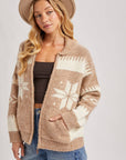 FAIR ISLE FUZZY KNIT FRONT ZIPPER CARDIGAN