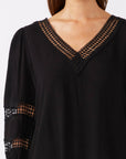 V-Neck Long Sleeve Blouse with Diamond Lace Trim
