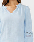 V-Neck Cotton Gauze Blouse with Lace Trim
