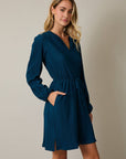 NOTCH NECK LONG SLEEVE WAIST TIE MINI DRESS