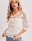 Sheer Embroidered Mesh Button Down Hem Blouse