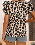 Khaki Leopard Print Layered Ruffled Short Sleeve Blouse