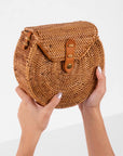 Round Ata Rattan Bag with Flap Bali Bag Straw Boho Beach Bag