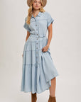 Button Front Short Sleeved Tiered Maxi Dress