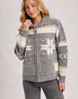 FAIR ISLE FUZZY KNIT FRONT ZIPPER CARDIGAN