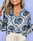 Blue Tribal Pattern Buttoned Front Loose Shirt