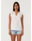 Cotton Eyelet Cap Sleeve V Neck Top