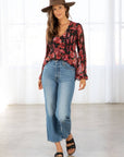 Rose Floral Print Clip Dot Long Sleeve Blouse