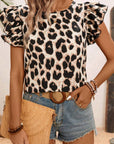 Khaki Leopard Print Layered Ruffled Short Sleeve Blouse