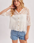 Sheer Embroidered Mesh Button Down Hem Blouse