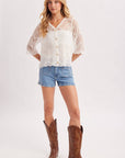 Sheer Embroidered Mesh Button Down Hem Blouse