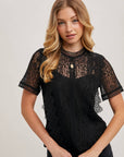 Mock Neck Button Back Lace Top With Lining