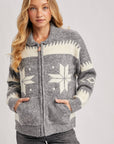 FAIR ISLE FUZZY KNIT FRONT ZIPPER CARDIGAN