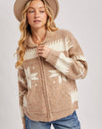 FAIR ISLE FUZZY KNIT FRONT ZIPPER CARDIGAN