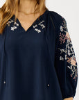 Floral Embroidered Split Neck Blouse